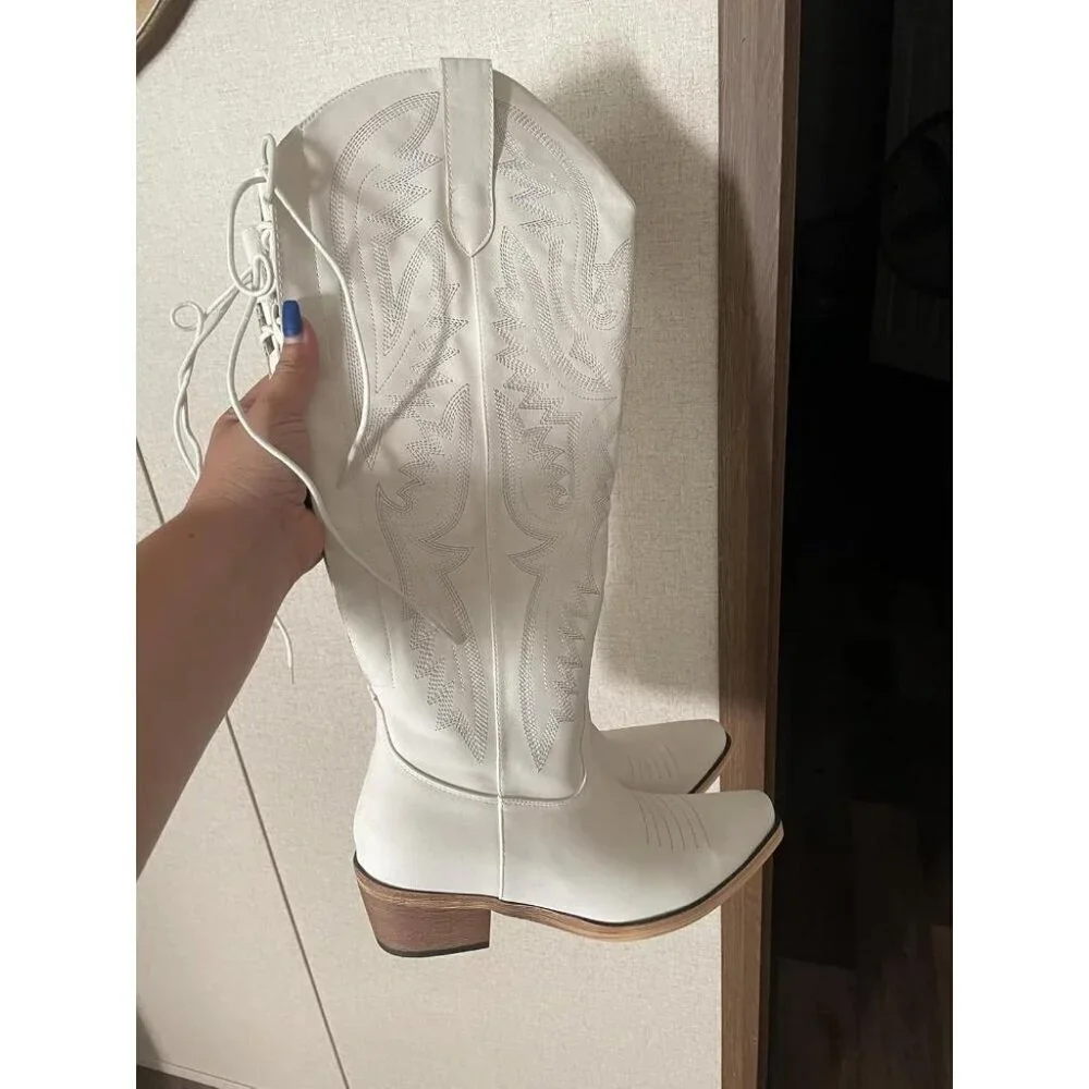 Women White-knee Polyurethane Over the Knee Adjustable Thigh High Cowgirl Boot